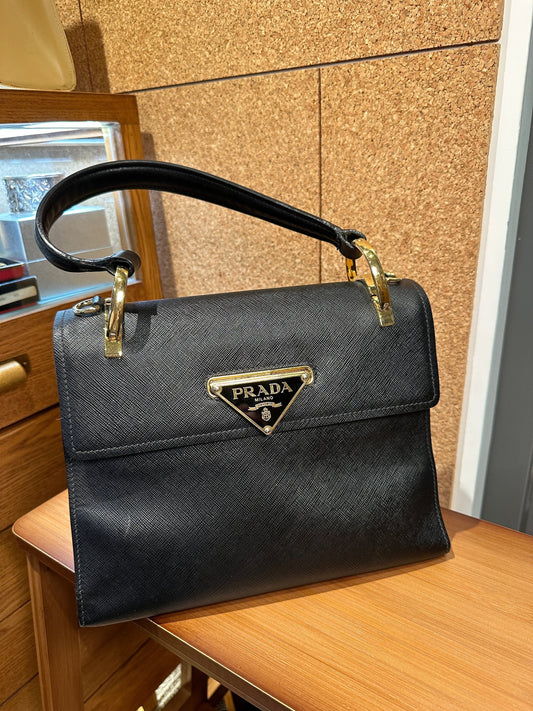 PRADA VINTAGE 100% Authentic Genuine, Top Handle Logo Plaque Handbag, Black with Gold Hardware, 2000, Y2K, Red, Great Condition, Grade Ab