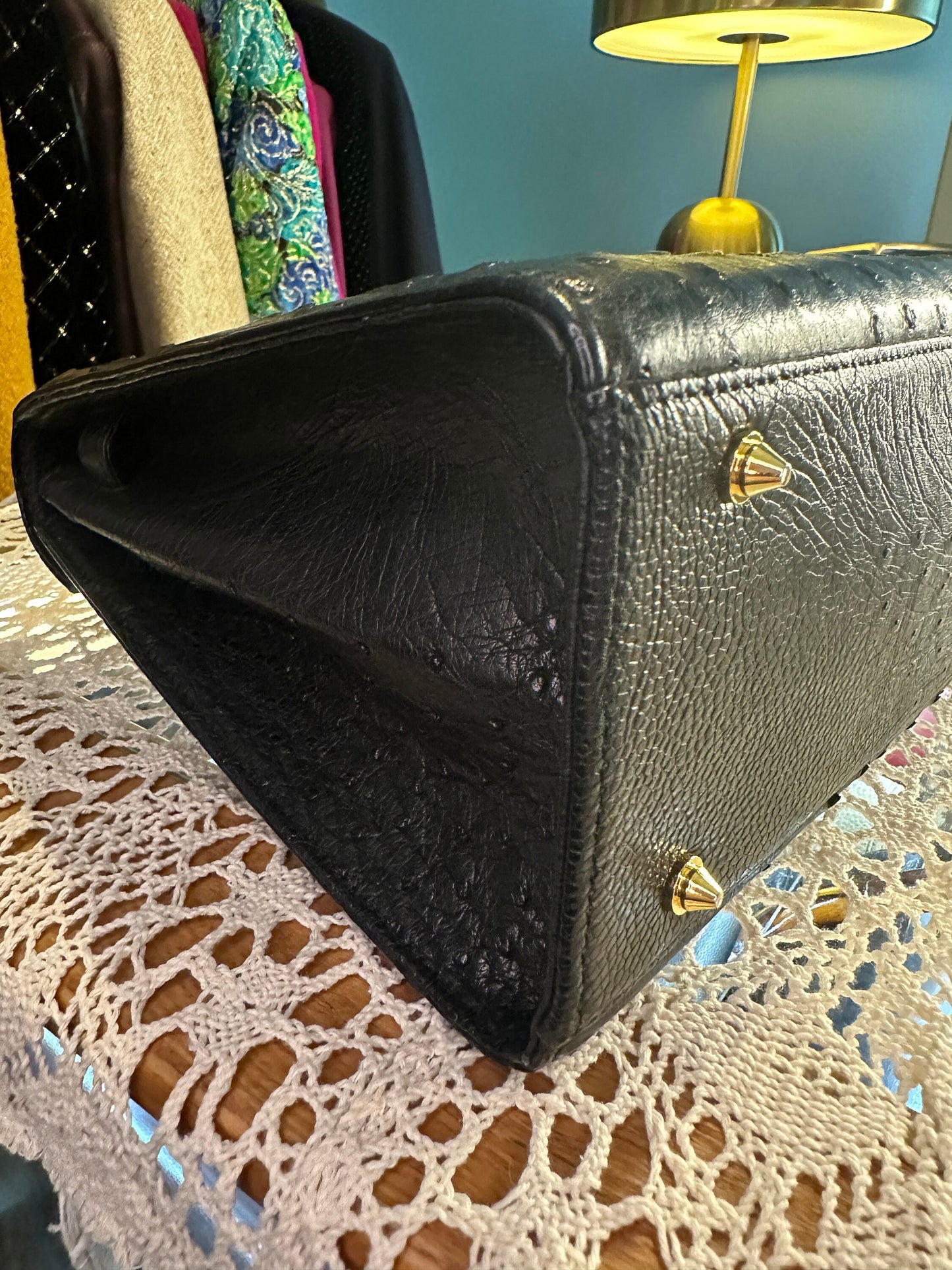 JRA VINTAGE 100% Authentic Genuine, Kelly-style Handbag with Black Ostrich Leather, 1990's, Great Condition