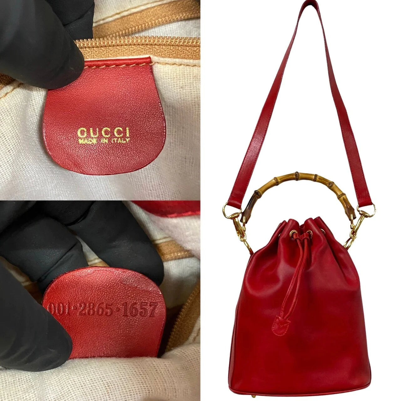 GUCCI VINTAGE 100% Genuine Bamboo Bucket Shoulder Two-way Bag, Red, late 1990's